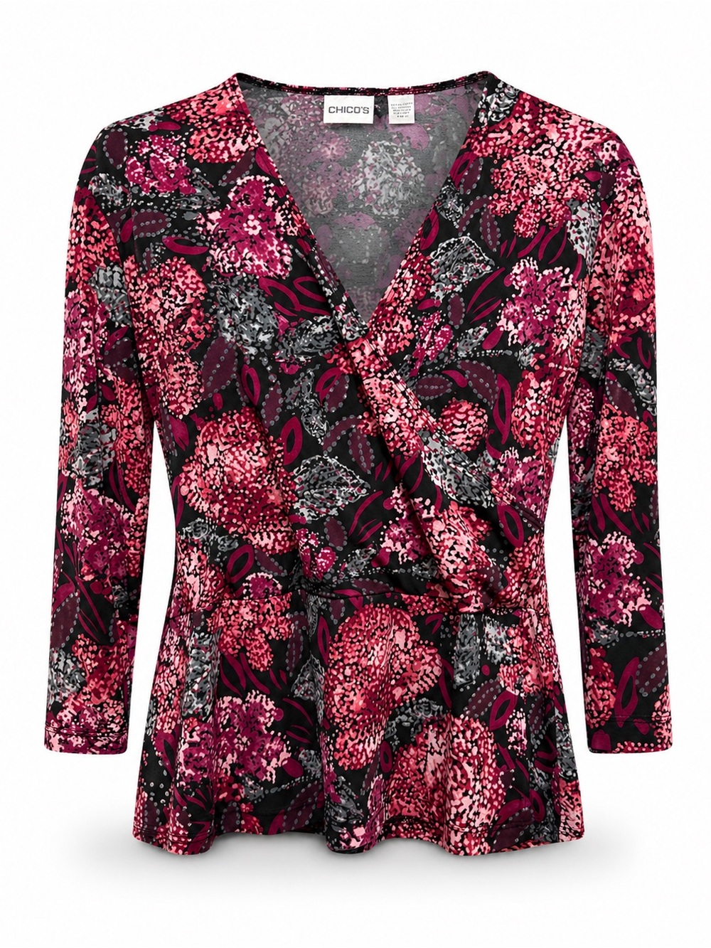 Chico’s Floral Wrap Top Pink Black Surplice Blouse Feminine Travel Chic Size 1